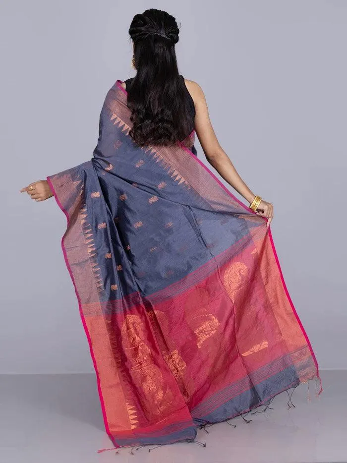 Elegant Black Gray Par Anchal Buti Handloom Saree