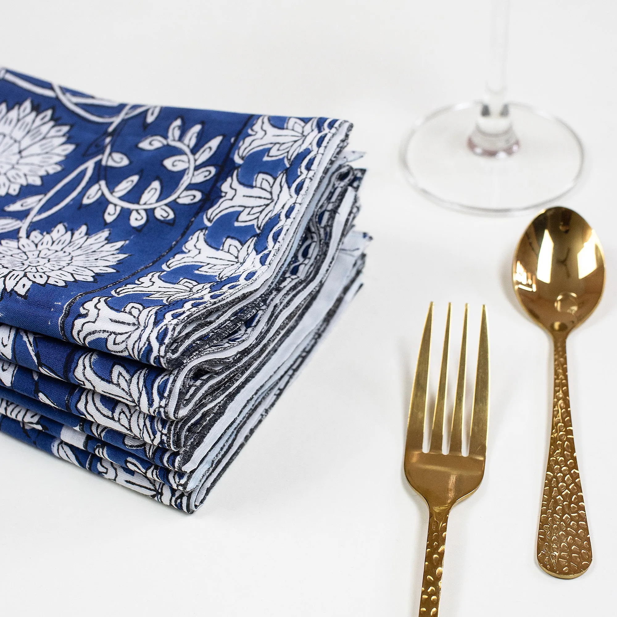 Hand Block Blue Floral Printed Cotton Hankies