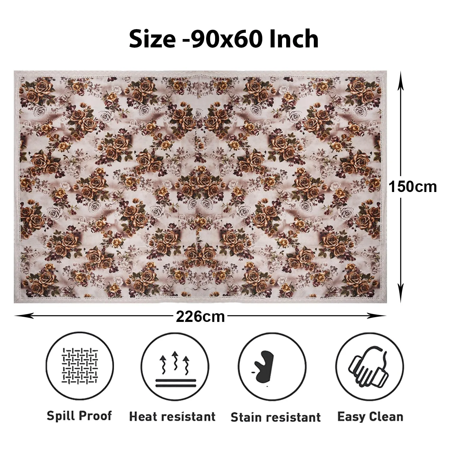 Kuber Industries Dining Table Cover | Digital Flower Print Dining Table Cover | Jute Fabric with Cotton Lace Table Cover | Table Cover for Home Décor | 60x90 | Brown