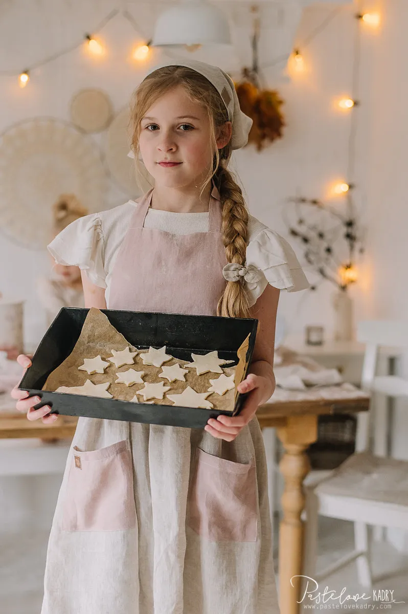 Leinen Küchenschürze für ein Kind mit Stirnband Süßer Kuchen